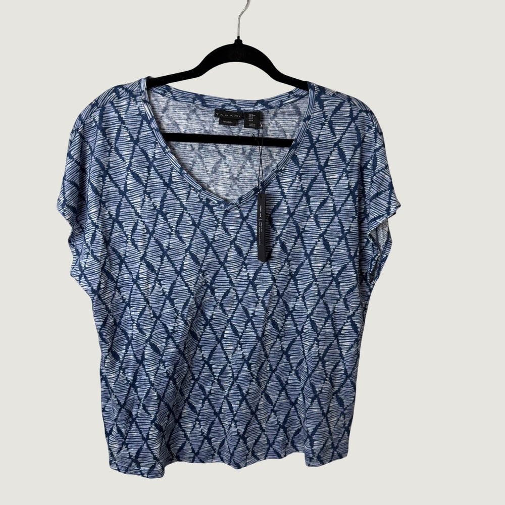 Tahari Luxe Lin Top Blue White Geometric 100% Linen M Coastal Travel Resort NWT